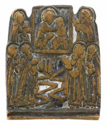 Купить Икона "Поклонение иконе Богоматери Смоленской", латунь, литьё, эмали, Российская империя, 1850-1900 гг.