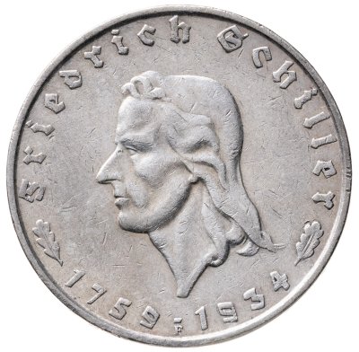 купить Германия, Третий рейх 2 рейхсмарки (reichsmark) 1934 "175 лет со дня рождения Фридриха Шиллера"