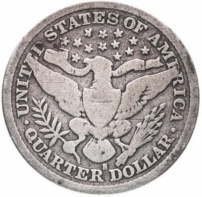 купить США 25 центов (квотер, 1/4 доллара, quarter dollar) 1895 Barber Quarter, знак монетного двора: "S" - Сан-Франциско