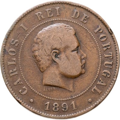 купить Португалия 20 реалов (рейс, reis) 1891 A знак монетного двора: "A" - Париж, Франция