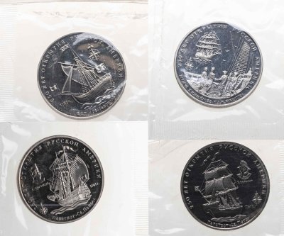 купить Комплект из 4-х памятных жетонов "Межнумизматики" в честь 250-летия открытия Русской Америки, в запайке, 1990-е гг.