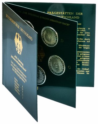 купить Германия набор из 5 монет 10 марок 2000 "250 лет со дня смерти Иоганна Себастьяна Баха" в буклете
