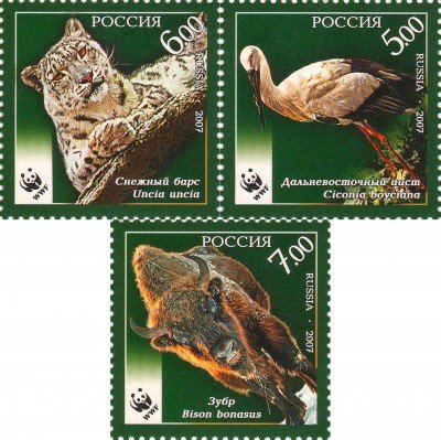 Купить 2007. Исчезающие виды животных (Зубр, Снежный барс, Дальневосточный аист), комплект из 3 марок #1202-1204