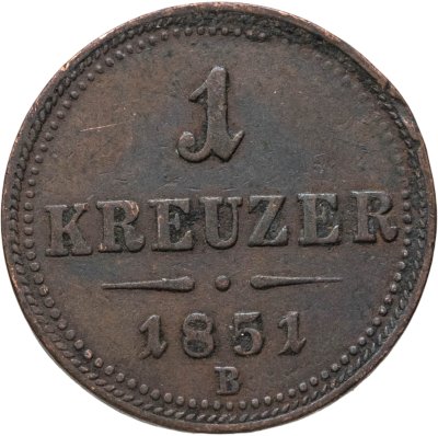 купить Австрия 1 крейцер (kreuzer) 1851, знак монетного двора "B" - Кремница