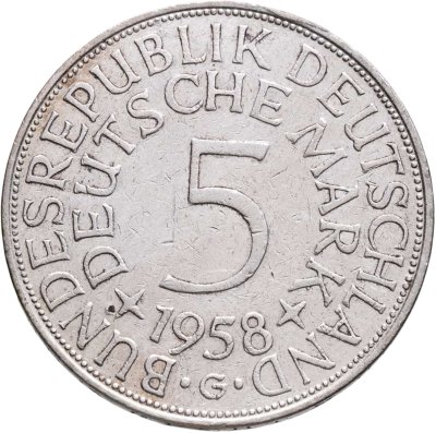 купить Германия 5 марок (deutsche mark) 1958 G знак монетного двора: "G" - Карлсруэ