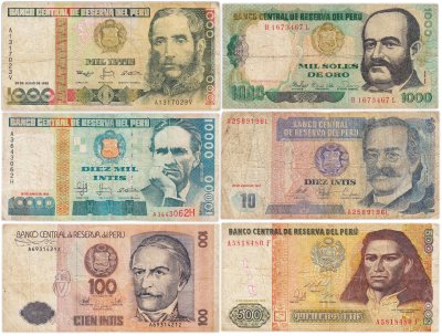 купить Перу набор из 6 банкнот 10, 100, 500, 1000, 10000 инти 1981-1988