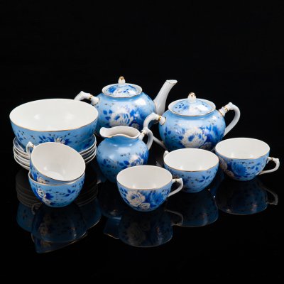 купить Сервиз чайный "Голубой пион", форма "Киевская", на 5 персон (14 предметов), фарфор, крытье, роспись, золочение, Дулевский фарфоровый завод (Дулёво), СССР, 1957 г.