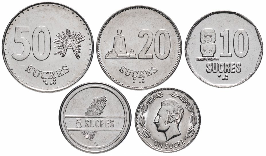 купить Эквадор набор монет 1988 - 1992 год  1, 5, 10, 20 и 50 сукре (5 штук)