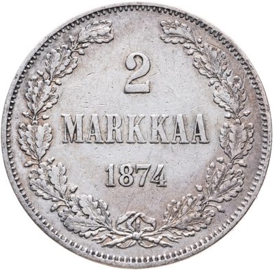 купить 2 марки (markkaa) 1874 S, монета для Финляндии