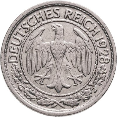 купить Германия 50 рейхспфеннигов (reichspfennig) 1928, знак монетного двора "E" — Мульденхюттен
