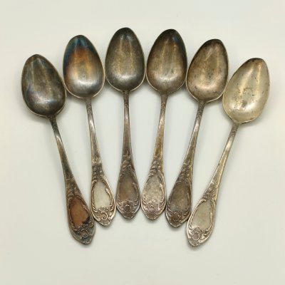 купить Набор из 6-ти столовых ложек, украшенных растительным декором, мНЦ (медь-никель-цинк), Вольнянский завод столовых приборов им. Шевченко (ЗiШ, ЗиШ), СССР, 1960-1990 гг.