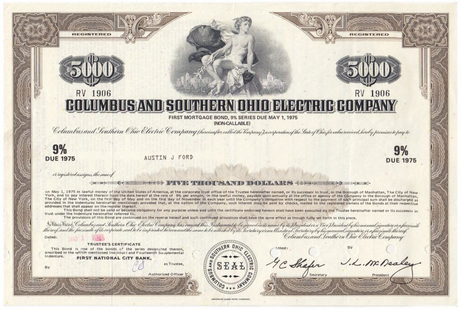 купить Акция США COLUMBUS AND SOUTHERN OHIO ELECTRIC COMPANY, 1970- 1975 гг.
