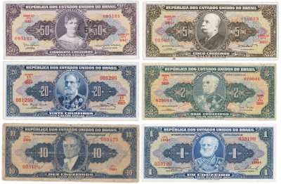 купить Бразилия набор из 6 банкнот 1, 2, 5, 10, 20, 50 крузейро (крузао) 1944-1967
