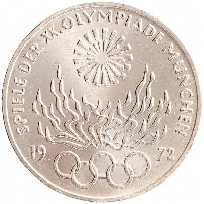 Купить ФРГ 10 марок 1972 J "Олимпиада в Мюнхене -Олимпийский огонь"