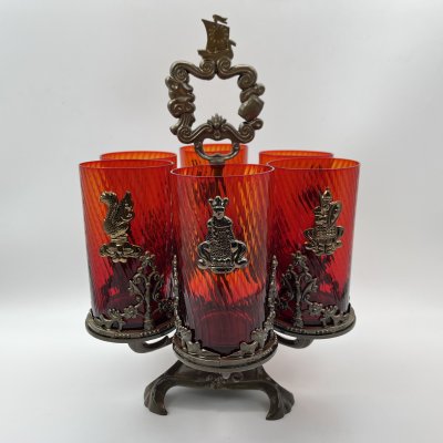купить Набор стаканов на подставке "Сказка о царе Салтане" ("Сказки А.С. Пушкина") на 6 персон, стекло, металл, СССР, 1970-1990 гг.