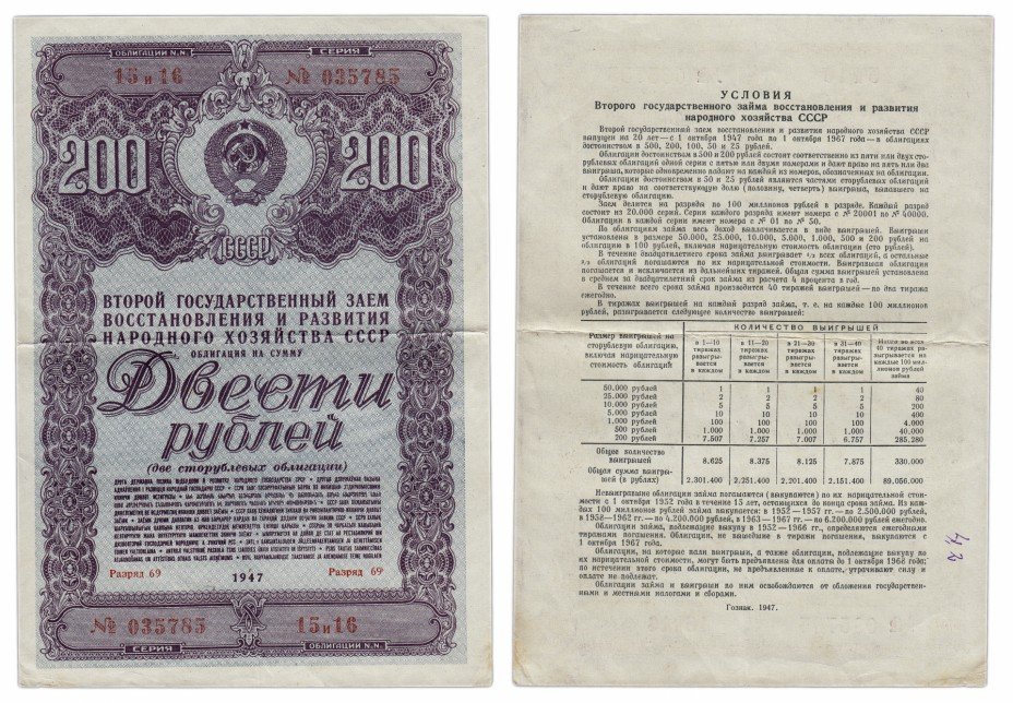 купить Облигация 200 рублей 1947 Второй Государственный заем восстановления и развития народного хозяйства СССР