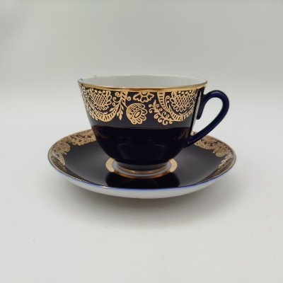 купить Чайная пара "Золотая фриз", фарфор, крытье кобальтом, золочение, Ленинградский фарфоровый завод (ЛФЗ), СССР, 1960-1970 гг.