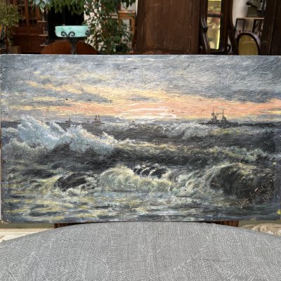 купить Картина "Морской пейзаж с военными кораблями" (на обороте изображены цветы), дерево, масло, СССР, 1985 г.