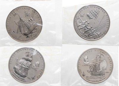 купить Комплект из 4-х памятных жетонов "Межнумизматики" в честь 250-летия открытия Русской Америки, в запайке, 1990-е гг.