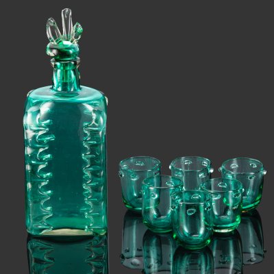 купить Штоф (графин) и 6 стопок, стекло, гутная техника, Львовская керамико-скульптурная фабрика (ЛКСФ), СССР, 1960-1980 гг.