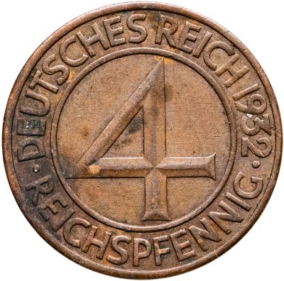 купить Германия, Веймарская республика 4 рейхспфеннига (reichspfennig) 1932 A, знак монетного двора "A" — Берлин