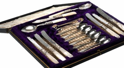 Купить Набор для сервировки десертов на 6 персон,в родной коробке, никель с серебрением, перламутр, фирма «John Sanderson&Son», Великобритания, 1930-1940 гг.
