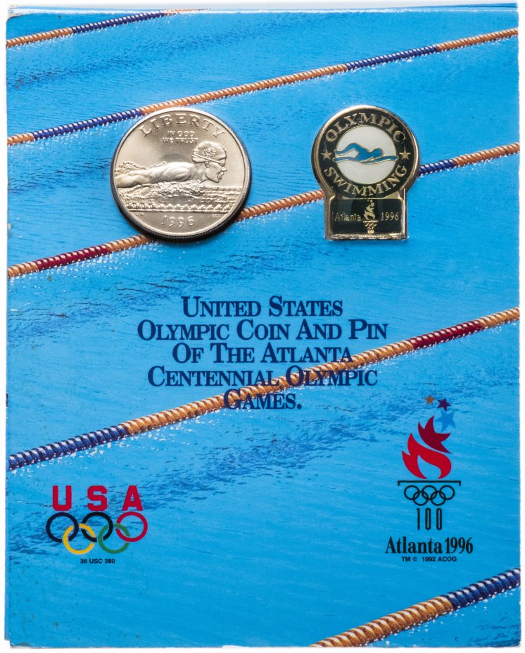 купить США 50 центов (1/2 доллара, half dollar) 1996 XXVI летние Олимпийские Игры, Атланта 1996 - Плаванье" (монета + значок в буклете)