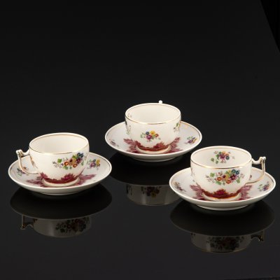 купить [Редкий декор] Три чайные пары "Барбарис", фарфор, деколь, роспись, золочение, Дмитровский фарфоровый завод (ДФЗ Вербилки), СССР, 1940-1954 гг.