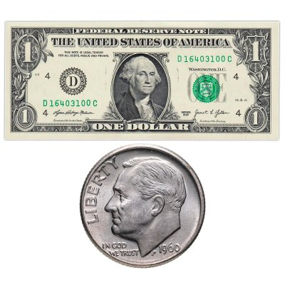Купить США набор из монеты 10 центов (дайм) 1946-1964 "Рузвельт (Silver Roosevelt Dime)" и банкноты США 1 доллар 2021 ПРЕСС