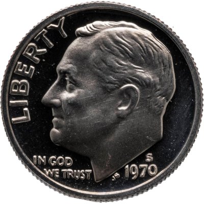 купить США 10 центов (дайм, one dime) 1970 S Proof Roosevelt Dime (Рузвельт), знак монетного двора "S" - Сан-Франциско
