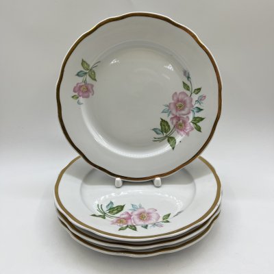купить Набор из 4-х обеденных тарелок с флоральным декором, фарфор, деколь, золочение, Дулевский фарфоровый завод (Дулёво), СССР, 1985 г.
