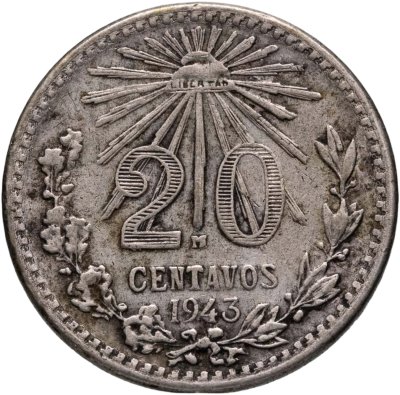купить Мексика 20 сентаво (centavos) 1943 Серебро /серый цвет/