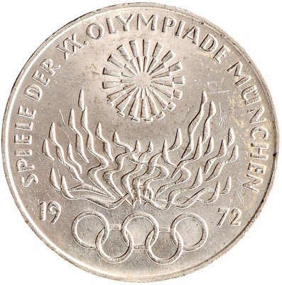 Купить ФРГ 10 марок 1972 D "Олимпиада в Мюнхене -Олимпийский огонь"
