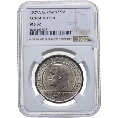 купить Германия 5 рейхсмарок (reichsmark) 1929 A "10 лет Веймарской конституции знак монетного двора "A" — Берлин" в слабе NGC MS62