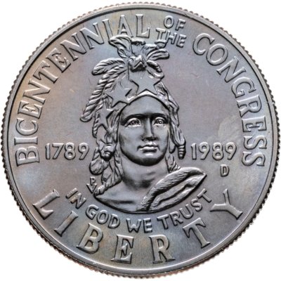 Купить США 50 центов (1/2 доллара, half dollar) 1989 D Congress (200 лет Конгрессу США) знак монетного двора "D" - Денвер