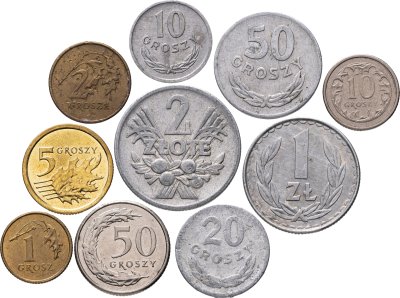 купить Польша набор из 10 монет 1, 2, 5, 10, 20, 50 грошей, 1, 2 злотых 1949-2015