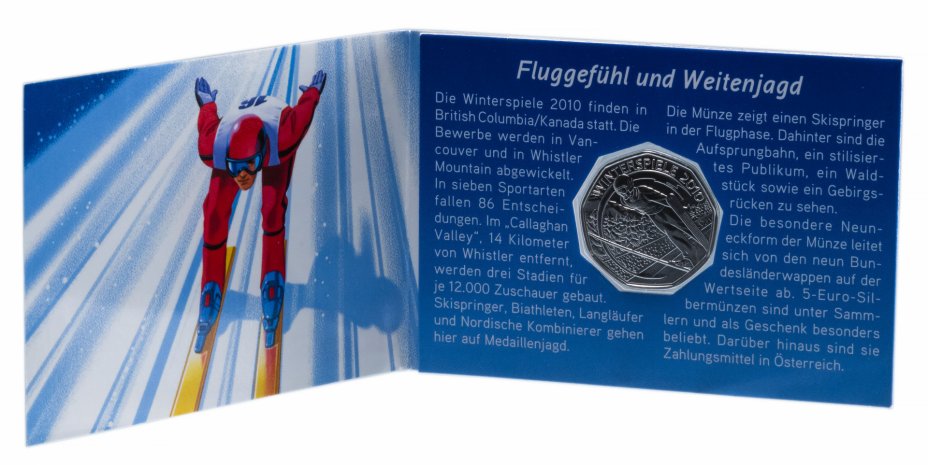 купить Австрия 5 евро 2010 XXI зимние ОИ - Прыжки на лыжах с трамплина в буклете серебро