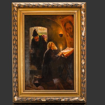 купить Картина "Последние минуты жизни митрополита Филиппа. Малюта Скуратов входит в келью", по оригиналу 1889 года А.Н. Новоскольцева, холст, масло, в раме, Российская империя, 1890-1910 гг.
