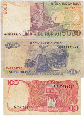 купить Индонезия набор из 2 банкнот 100, 1000, 5000 100 рупий 1984-2001