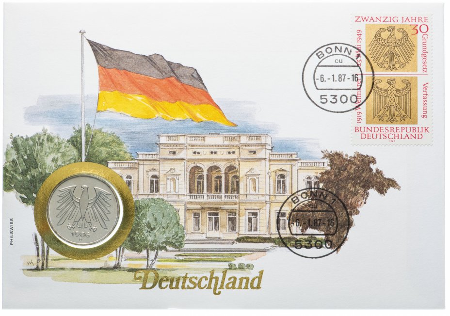купить Германия 5 марок 1986 D, в бумажном конверте с оригинальной маркой и сертификатом