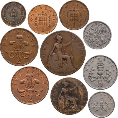 купить Великобритания набор 10 монет 1/2, 1 пенни (penny) и 2, 5, 6 пенсов (pence) 1913-2000