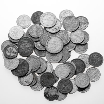 купить Набор монет Российской империи 10-20 копеек 1867 - 1916 (111 грамм серебра - 59 монет)