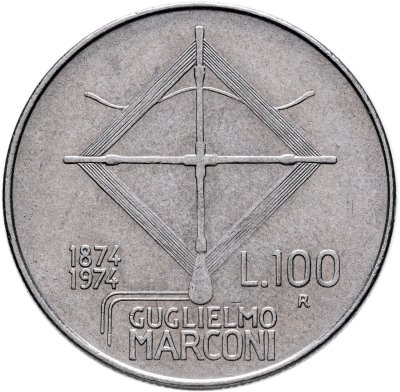 купить Италия 100 лир (lire) 1974 "100 лет со дня рождения Гульельмо Маркони"