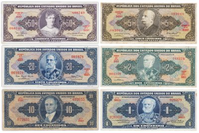 купить Бразилия набор из 6 банкнот 1, 2, 5, 10, 20, 50 крузейро (крузао) 1944-1967