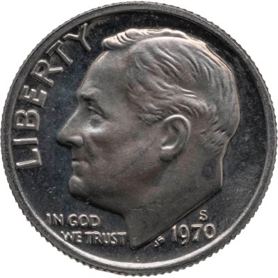 купить США 10 центов (дайм, one dime) 1970 S Proof Roosevelt Dime (Рузвельт), знак монетного двора "S" - Сан-Франциско