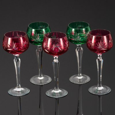 купить Набор бокалов для вина на 5 персоны, украшенных резным орнаментом, хрусталь, алмазная грань, Echt Bleikristall, Германия, 1970-1990 гг.