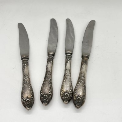 купить Набор из 4 ножей с растительным декором, мНЦ (медь-никель-цинк), Вольнянский завод столовых приборов им. Шевченко (ЗiШ, ЗиШ), СССР, 1970-1990 гг.