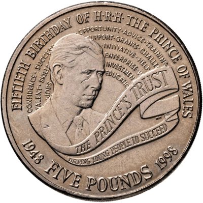 купить Великобритания 5 фунтов (pounds) 1998 "50 лет принцу Чарльзу"