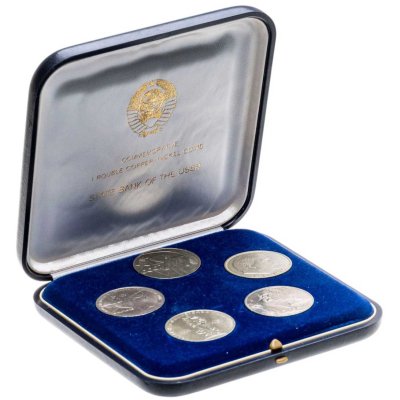 купить Набор юбилейных монет 1 рубль 1965-1977 ( первые пять выпусков ) в футляре Государственного Банка СССР