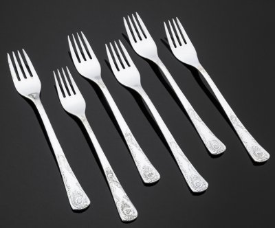 Купить Набор из 6 обеденных вилок с растительным декором, мельхиор (медь-никель), Комбинат бытовых металлических изделий (БМИ), г. Эчмиадзин, СССР, 1971-1991 гг.